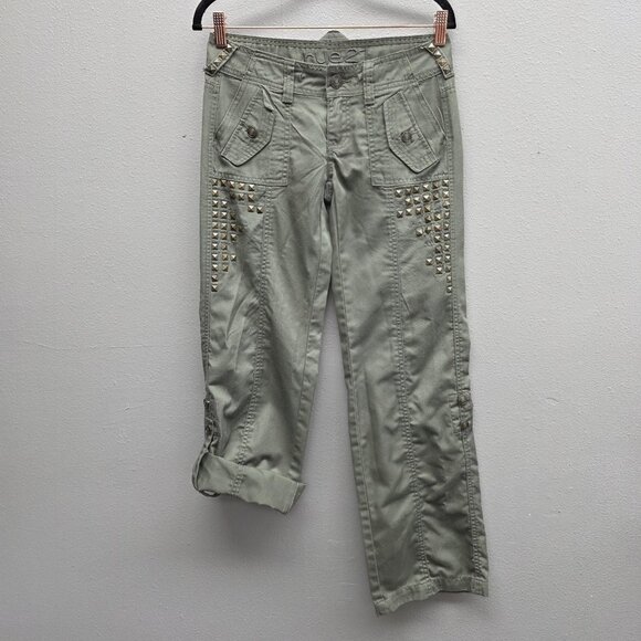 Rue21 Pants Womens 1/2 Green Studded Cargo Cropped Convertible Button Utility - Picture 1 of 12